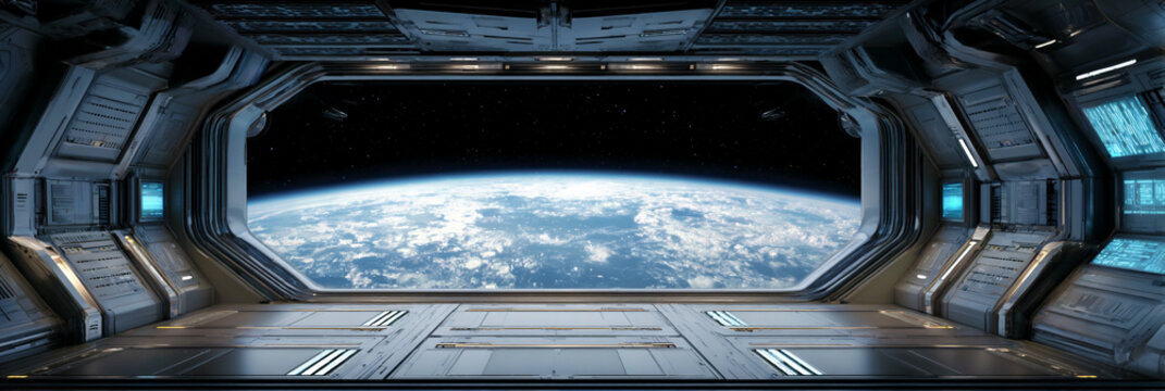 futuristic space station interior, earth view through panoramic window, sleek sci fi orbital control room