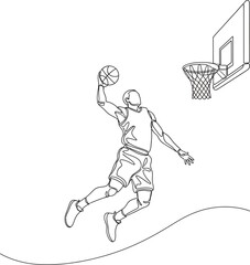 Dynamic continuous line drawing of a basketball player making a slam dunk shot towards the hoop © Ranasa
