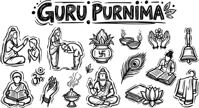 Guru Purnima Hand-Drawn Black and White Line Art Icons - Festival Celebration Symbols