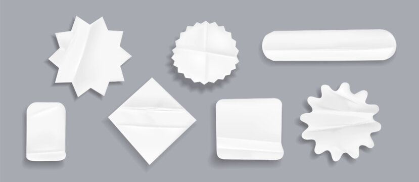 Realistic set of wrinkled peeled stickers isolated on grey background. Vector illustration of star, square and round shape patches with peel off edge, white crumpled labels for badge or tag design