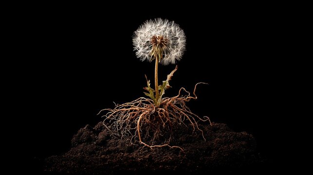 Dandelion with intricate root system, against a black background