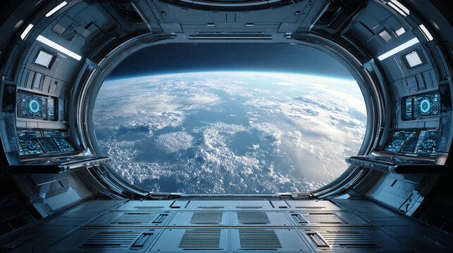 futuristic space station interior, earth view through panoramic window, sleek sci fi orbital control room