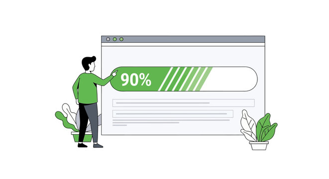 90 Percent Loading Progress Bar on Browser with Character Pointing, Flat Vector Illustration for Web Development, Project Completion and Efficiency Concept
