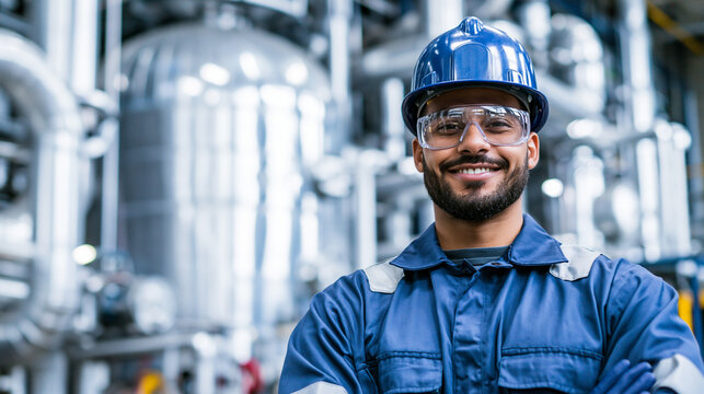 Portrait d'un ing&eacute;nieur br&eacute;silien souriant dans une usine chimique, concept de d&eacute;veloppement industriel au Br&eacute;sil, image g&eacute;n&eacute;r&eacute;e par l'IA