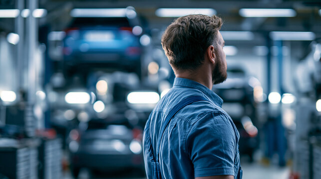 Vue de dos d'un m&eacute;canicien automobile professionnel regardant un atelier de r&eacute;paration moderne, concept d'entretien de v&eacute;hicules avec espace de copie