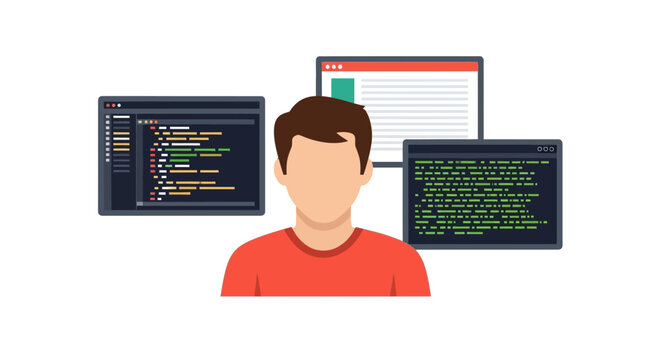 Male Software Developer and Web Programmer Flat Vector Illustration with Code Windows