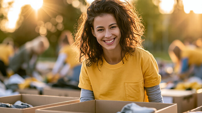 Smiling young woman happily sorting donated clothes at an outdoor charity event with volunteers in a sunlit park