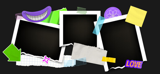 Fototapeta na wymiar Vintage instant photo frames and scrapbook elements, y2k collage isolated on black background. Vector realistic illustration of nostalgic memory album design with wrinkled stickers, arrow