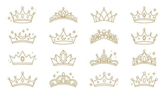 Collection of elegant golden tiaras and crowns, symbolizing royalty, beauty, and celebration.