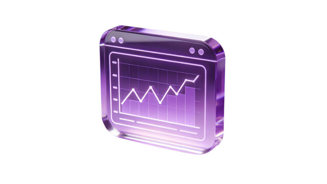 3D Purple Glass Website Window with Line Chart, Crypto Trading and Stock Market Analytics Icon