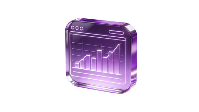 3D Glossy Purple Glass Web Interface with Bar Chart, Financial Analytics Dashboard Icon