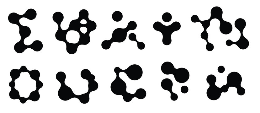 Abstract black metaball shapes isolated on white background. Vector realistic illustration set of fluid blobs connected into geometric pattern, morphing icons for tech data and innovation concept