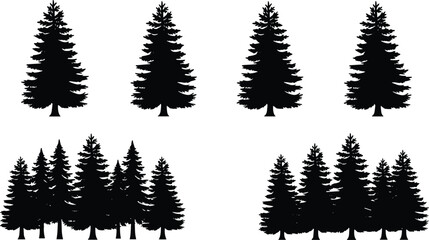 Obraz premium Evergreen tree silhouettes in solitary and clustered forest formations for nature, landscape, and design illustration projects