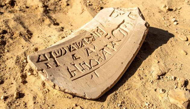 Ancient Phoenician alphabet inscription on a fragmented pottery shard, showcasing historical writing on archaeological artifact