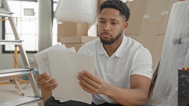 Man holding stacks of papers and touching his chin while reading documents amid packed cardboard boxes and a ladder in a building; focus planning.