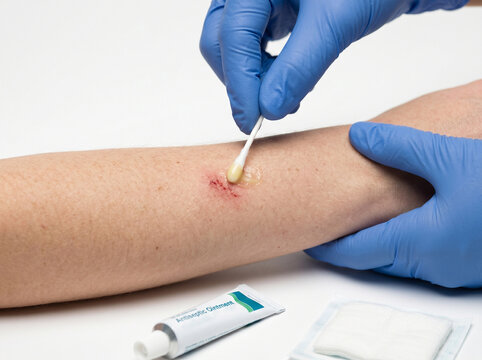 Hand Injury Treatment with Antiseptic Salep and Sterile Medical Care Concept