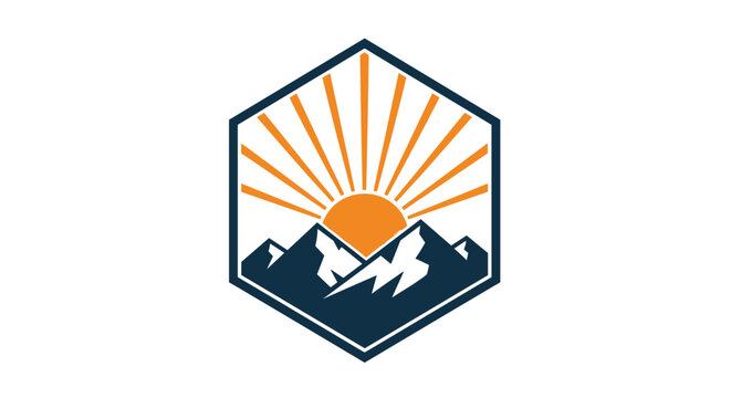Sunrise over mountains in a hexagonal frame logo design.