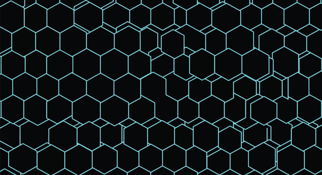 Black background with a light blue thin line hexagonal network pattern.
