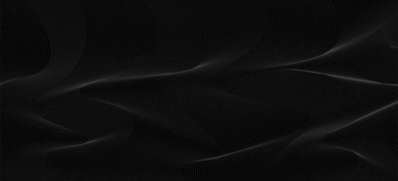 Black abstract background design. Modern wavy line pattern (guilloche curves) in monochrome colors. Premium stripe texture for banner, business backdrop. Dark horizontal vector template