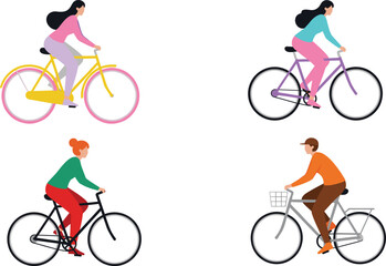 Naklejka premium Young Men and Women Riding Bicycles Flat Vector Illustration Character Set for Eco Friendly Urban City Commuting and Healthy Outdoor Lifestyle