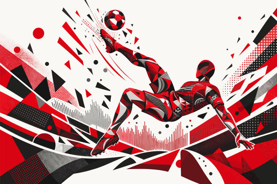 Canada soccer player performing an aerial bicycle kick in a dynamic geometric poster design. Canada national football team wallpaper, banner, background.