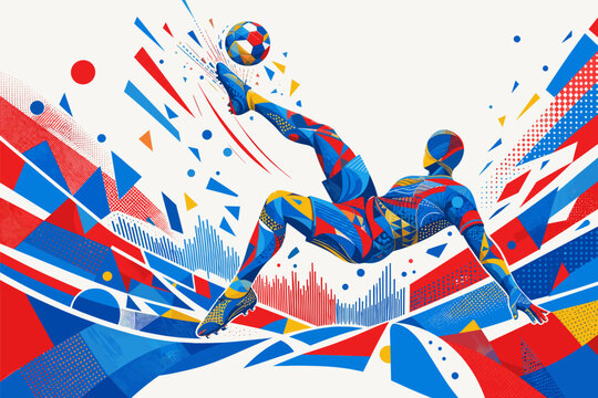 DR Congo soccer player performing an aerial bicycle kick in a dynamic geometric poster design. DR Congo national football team wallpaper, banner, background.