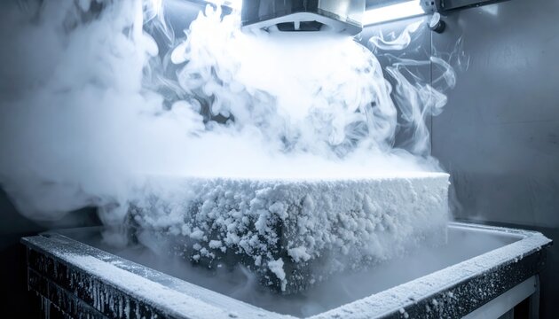 Sublimating Dry Ice Block: Dense White Carbon Dioxide Vapor Emitting Mysteriously in a Chilled Industrial Environment