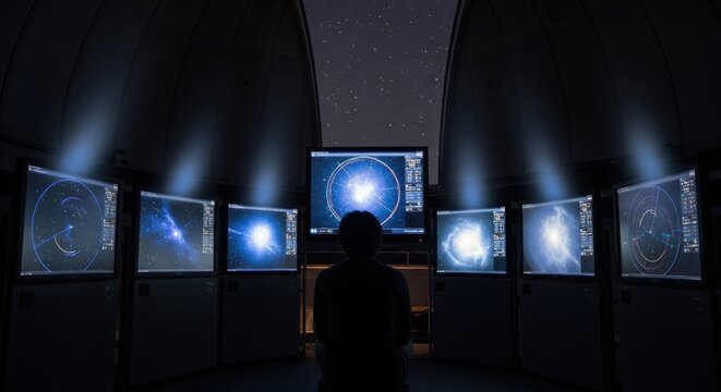 Astronomer observing celestial data on multiple screens inside a dark observatory dome under a starry sky