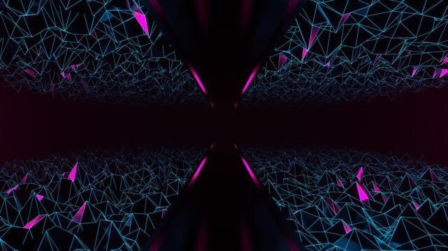 Blue and Pink Fantastic Splintered Surface Podium with Neon Markings Background VJ Loop in 4K