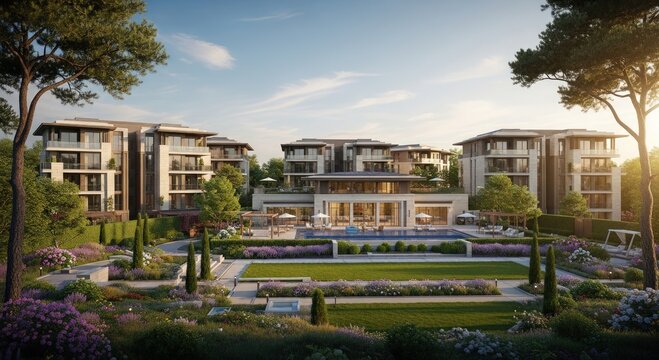 Luxury residential resort complex with landscaped gardens and swimming pool.
