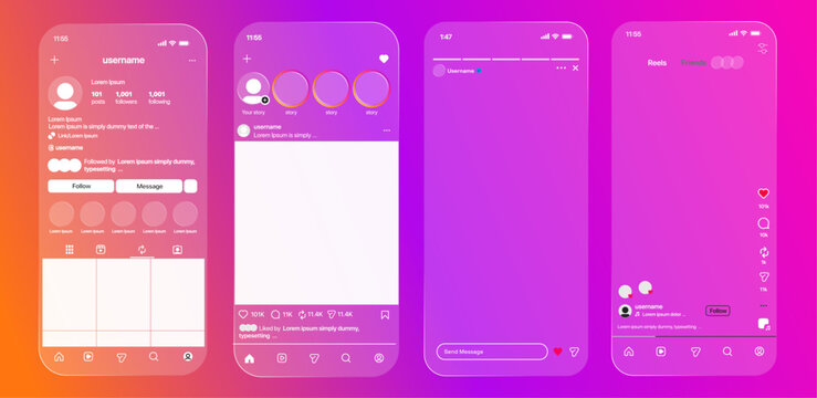 Instagram iOS 26 Liquid Glass Social Media Mockup. Instagram post Story Reels mockup template with grid size, new post, Reels, Story frame layout. Instagram post mockup with smartphone. 