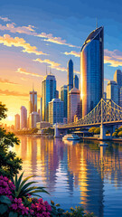 Obraz premium Modern city skyline at sunset with a large bridge over a river, vibrant golden light reflecting on water, urban skyscrapers under a colorful sky.