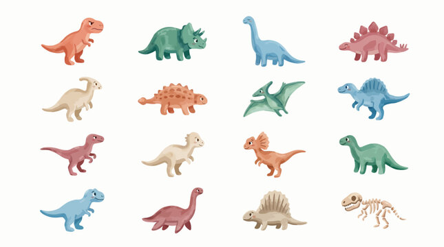 Collection of colorful watercolor illustrations of various dinosaurs on a white background.
