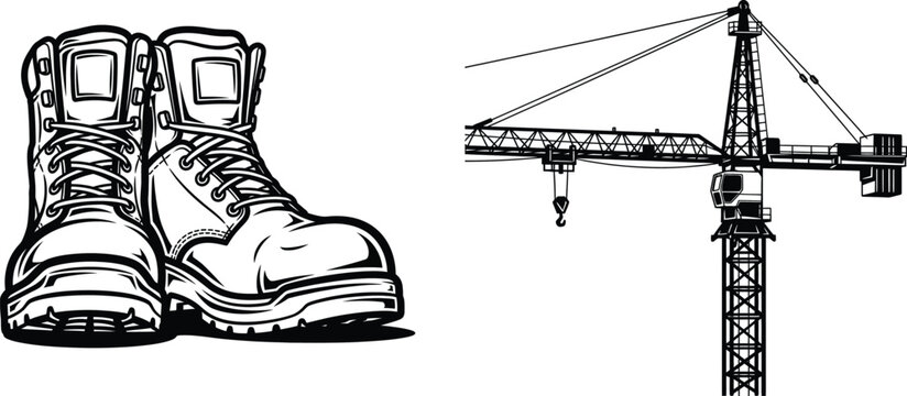 Construction worker boots and crane.