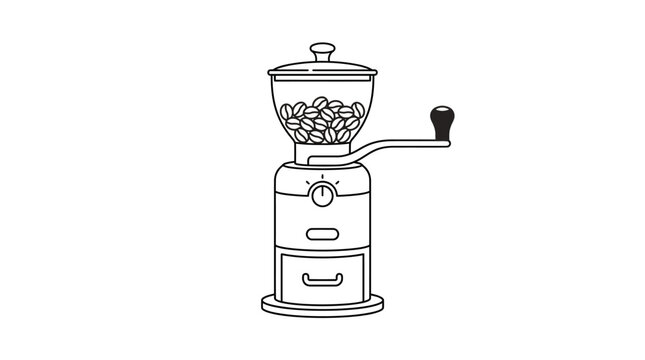 Line drawing of a manual coffee grinder with a handle and two drawers on a plain white background.