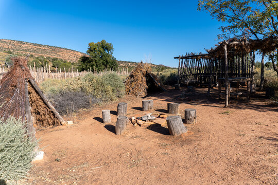 Pipe Spring National Monument in Arizona. Kaibab Piute replica dwellings. Kahns for summer and winter. Seasonal sleeping shelters made of branches and brush with central fire pit. 