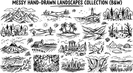 Messy Hand-Drawn Landscapes Collection Black and White Line Art Vector - Nature, City, Farm, Desert, Arctic Scenes © kulinadsgn
