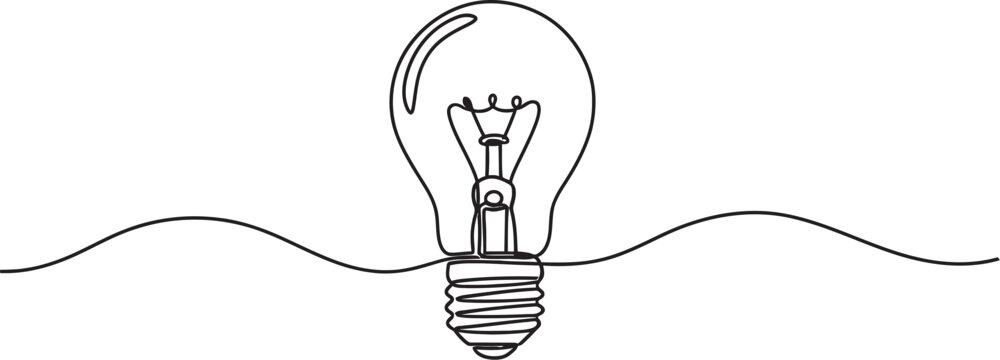 Minimalist single line drawing of a classic incandescent light bulb representing a bright idea