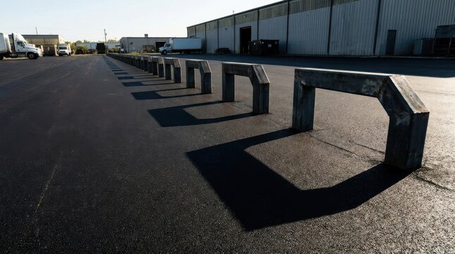 Sharp linear shadows of concrete parking stops on asphalt with industrial buildings in background