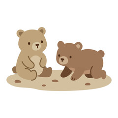 Two cute brown bear cubs playing and rolling together on the ground. © ImamSetia