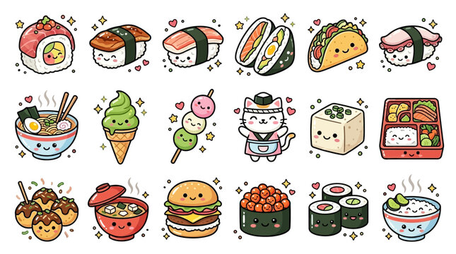 Kawaii Japanese Food Collection: A Delightful Assortment of Cute and Adorable Food Illustrations.