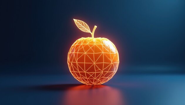 Glowing orange fruit depicted as wireframe sphere with leaf. Abstract digital render on dark background, representing healthy food tech innovation or futuristic design.