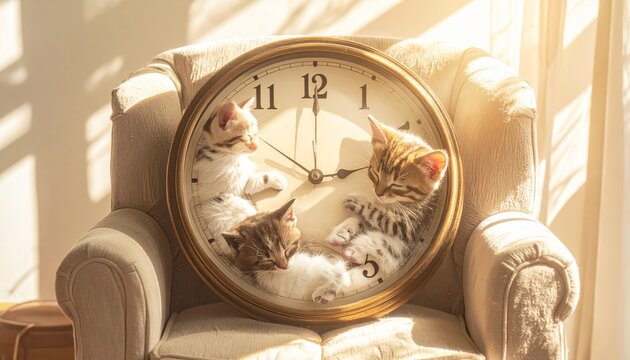 Cute sleeping kittens replace clock numbers on a chair