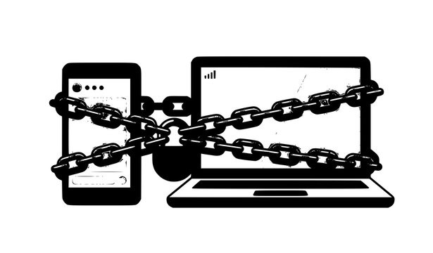 Smartphone and Laptop Chained Technology Addiction Vector Illustration