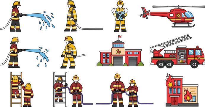 Firefighter Rescue Equipment and Fire Department Vector Icon Set with Fire Engine Truck Helicopter Station House and Brave Firemen Spraying Water