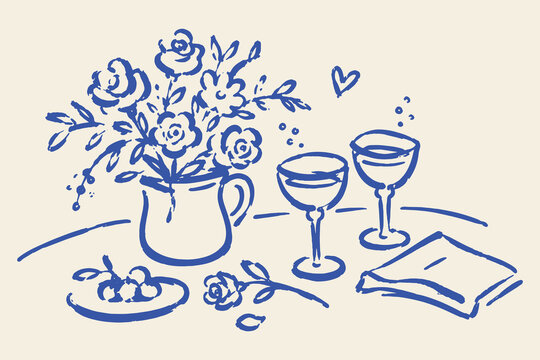 Floral Table Still Life Doodle Sketch Vector Illustration