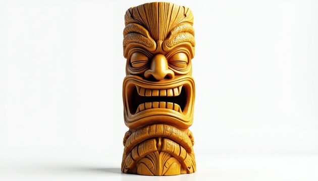 Wooden tiki totem statue with carved face detail. This Hawaiian idol symbol is isolated on a clean white background. Use for island culture tropical themes and decor.