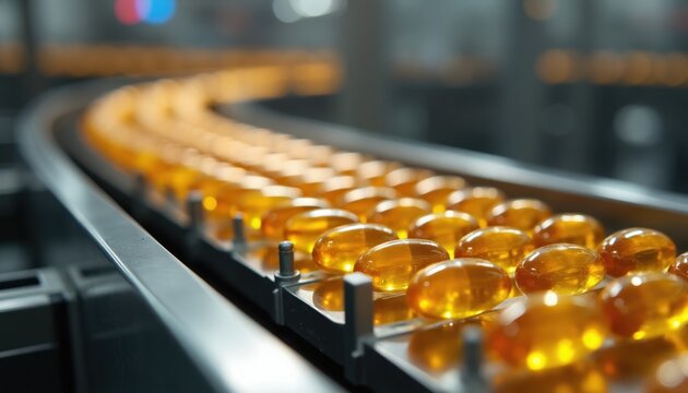 Golden softgels move along automated production line inside modern pharmaceutical plant. Medicine capsules travel through industrial process, health supplement manufacturing. Quality control ensures