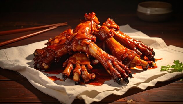 Delicious Glazed Chicken Feet Appetizer Presented with Chopsticks