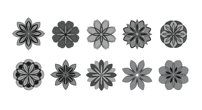 Ten symmetrical gray flower icons with various petal designs arranged in two rows for decorative or graphic use.
